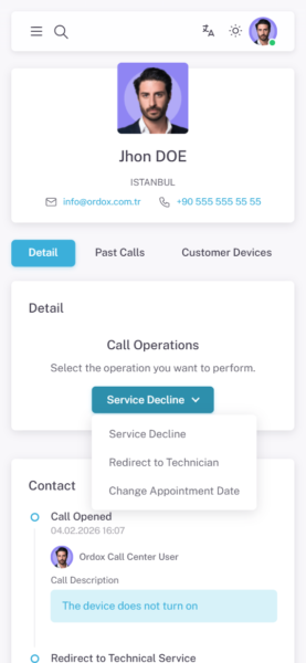 Ordox mobil teknik servis, saha operasyon yönetimi, çağrı ve iş emri takip, servis yönetimi uygulaması ekranı